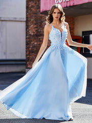 Flower Applique Ruched Skirt Tulle Gown Sky Blue