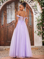 Off-The-Shoulder Beaded Appliqued Maxi Dresses with Slit Lilac