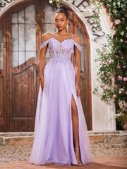 Off-The-Shoulder Beaded Appliqued Maxi Dresses with Slit Lilac