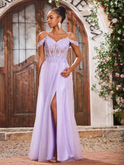 Off-The-Shoulder Beaded Appliqued Maxi Dresses with Slit Lilac