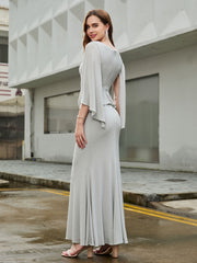 V-neck Ruffle Floor-length Dress with Flutter Sleeves Silver