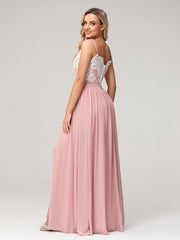 Spaghetti Strap Front Slit Dress with Ivory Lace-Dusty Rose