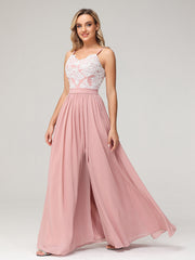 Spaghetti Strap Front Slit Dress with Ivory Lace-Dusty Rose