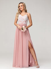 Spaghetti Strap Front Slit Dress with Ivory Lace-Dusty Rose
