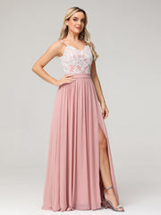 Spaghetti Strap Front Slit Dress with Ivory Lace-Dusty Rose