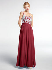 Spaghetti Strap Front Slit Dress with Ivory Lace-Burgundy