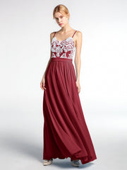 Spaghetti Strap Front Slit Dress with Ivory Lace-Burgundy