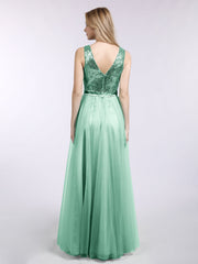 Sequins and Tulle Long Dress with V-neck-Mint Green