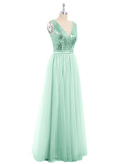 Sequins and Tulle Long Dress with V-neck-Mint Green