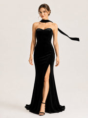 Velvet Strapless Mermaid Gown with Choker Neck Tie Black