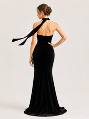 Velvet Strapless Mermaid Gown with Choker Neck Tie Black