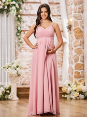 A-line V-neck Spaghetti Straps Empire Chiffon Dresses Dusty Rose