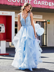 Sleeveless V-Neck Tulle Ball Gown Sky Blue