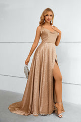 Khaki Printed Sleeveless A-line Side Slit Prom Dresses, CP0908