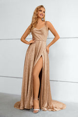 Khaki Printed Sleeveless A-line Side Slit Prom Dresses, CP0908