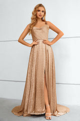 Khaki Printed Sleeveless A-line Side Slit Prom Dresses, CP0908