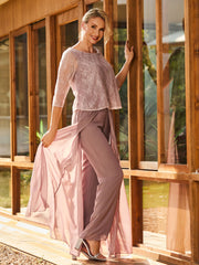 Lace Top with Chiffon Pant Suit  Dusty Rose