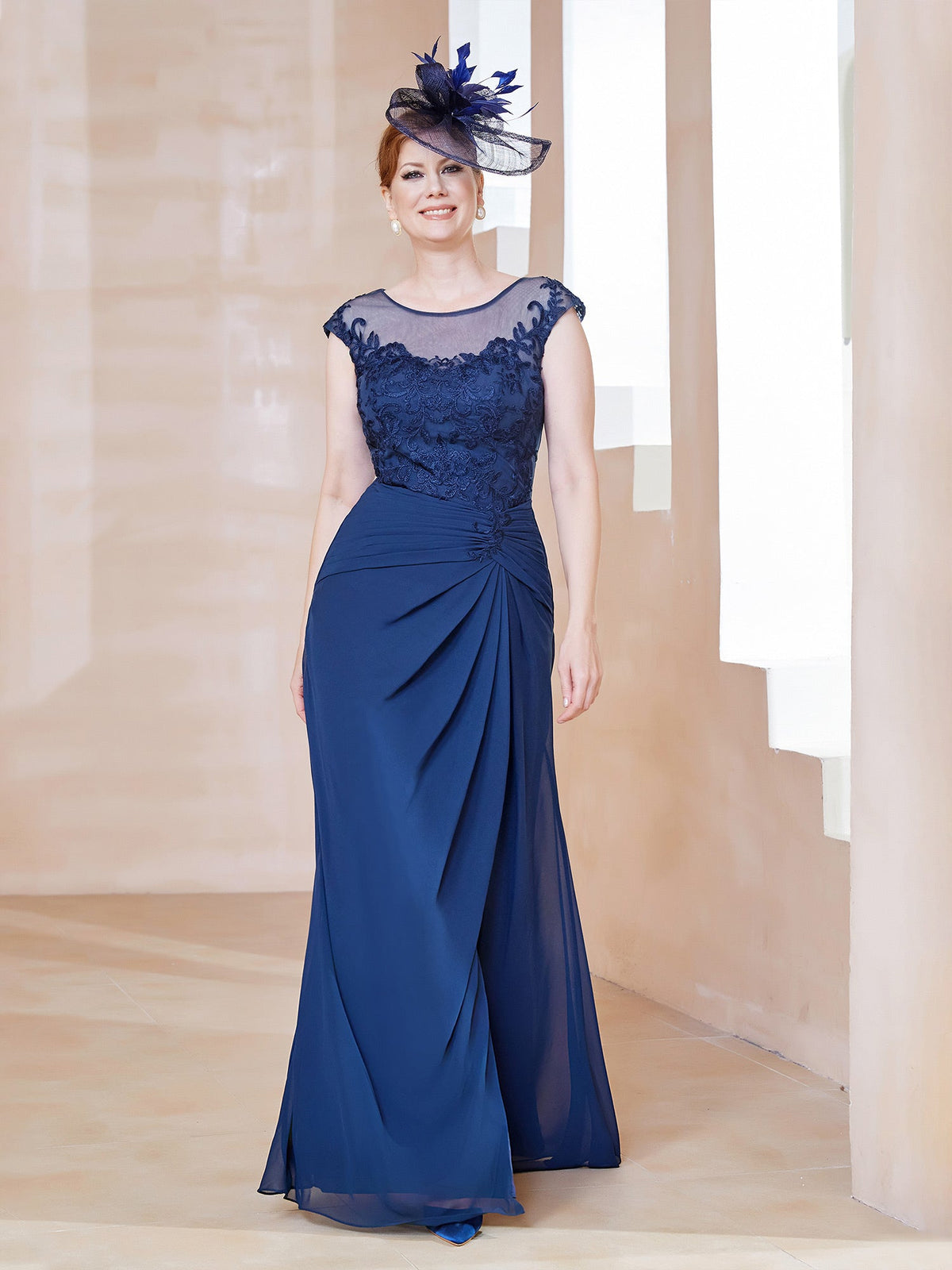 Illusion Neck Appliqued Dress With Slit Navy Blue