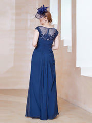 Illusion Neck Appliqued Dress With Slit Navy Blue
