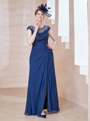 Illusion Neck Appliqued Dress With Slit Navy Blue