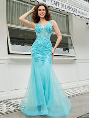 V-neck Appliqued Sheer Corset Mermaid Dress Spa