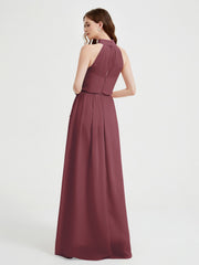 High Neck Chiffon Dresses with Slit and Sash Bow-Mulberry