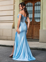 Off-the-Shoulder Sheer Top with Appliqued Maxi Dress Sky Blue
