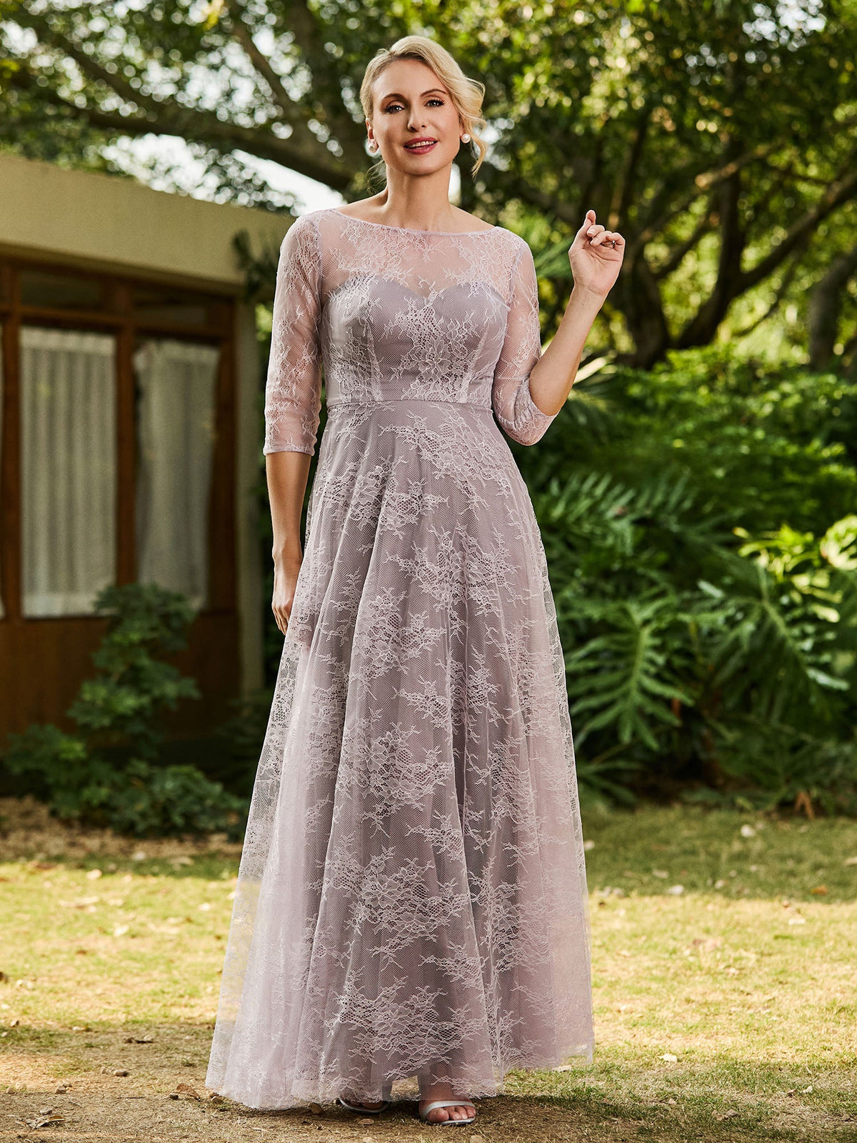 Lace A-line Half Sleeves Pleated Dress Dusk