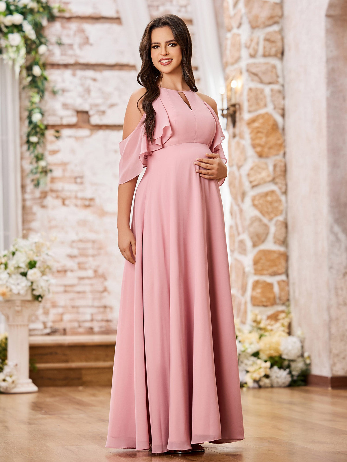 A-line Princess Floor-Length Empire Chiffon Dresses Dusty Rose