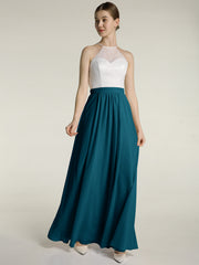 Chiffon Long Dresses with Ivory Lace Bodice-Ink Blue