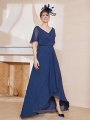 V-neck Flutter Sleeves Asymmetrical Dress Dark Navy