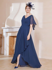 V-neck Flutter Sleeves Asymmetrical Dress Dark Navy