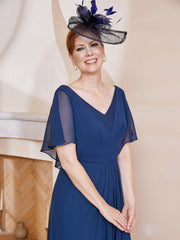 V-neck Flutter Sleeves Asymmetrical Dress Dark Navy