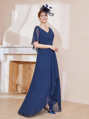V-neck Flutter Sleeves Asymmetrical Dress Dark Navy