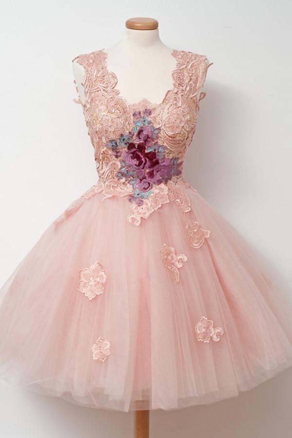 Knee-Length Ball Gown Pink Homecoming Dress With Appliques Embroidery TR0103