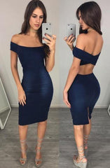 Knee-Length Criss-Cross Straps Navy Blue Stretch Satin Homecoming Dress  TR0181