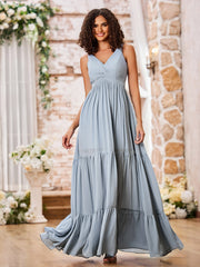A-line V-neck Cross Pleated Tiered Bohemian Dresses Dusty Blue