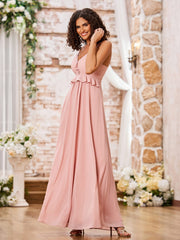 Spaghetti Straps A-line Chiffon Gowns with Ruffles Waist Dusty Rose
