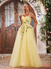 Floral Floor-length Appliqued Sweetheart Tulle Gowns Daffodil