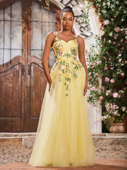 Floral Floor-length Appliqued Sweetheart Tulle Gowns Daffodil