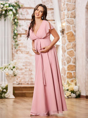 Deep V-neck A-line Empire Waist Long Chiffon Dreses Dusty Rose