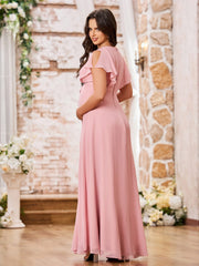 Deep V-neck A-line Empire Waist Long Chiffon Dreses Dusty Rose