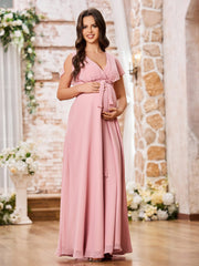 Deep V-neck A-line Empire Waist Long Chiffon Dreses Dusty Rose