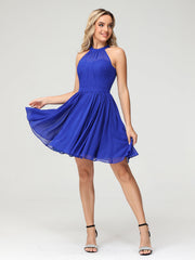 Chiffon Halter Short Bridesmaid Dresses Royal Blue