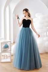 Blue Tulle Long A-Line Prom Dress, Lovely Strapless Evening Dress