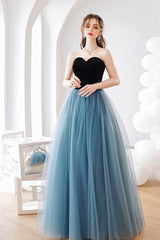 Blue Tulle Long A-Line Prom Dress, Lovely Strapless Evening Dress