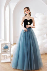 Blue Tulle Long A-Line Prom Dress, Lovely Strapless Evening Dress