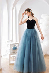 Blue Tulle Long A-Line Prom Dress, Lovely Strapless Evening Dress