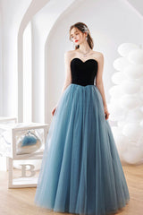 Blue Tulle Long A-Line Prom Dress, Lovely Strapless Evening Dress