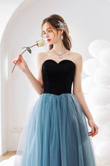 Blue Tulle Long A-Line Prom Dress, Lovely Strapless Evening Dress